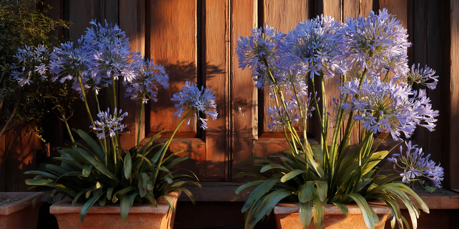Potted agapanthus by wooden door, twin terracotta containers.