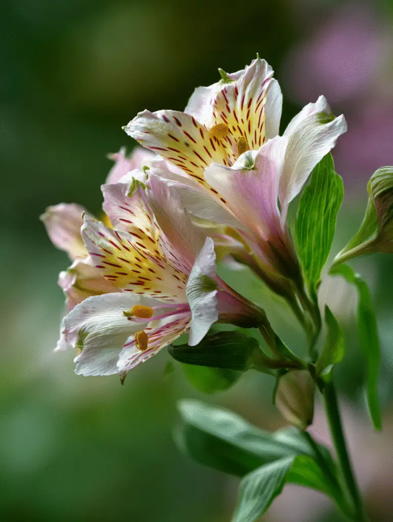 Alstroemeria pale pink petals with speckles, macro close-up.