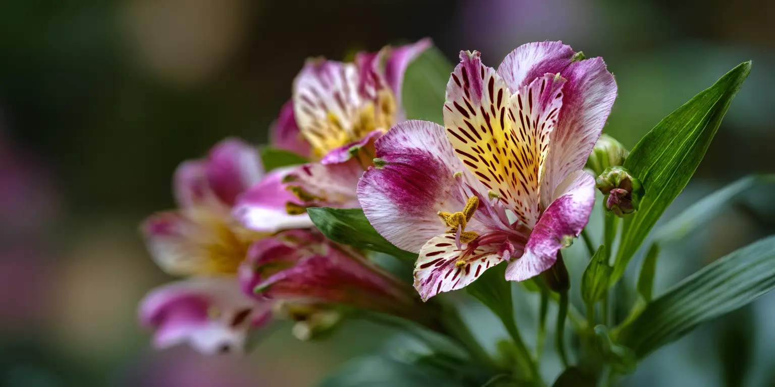 Alstroemeria magenta-white flower with yellow throat, macro.
