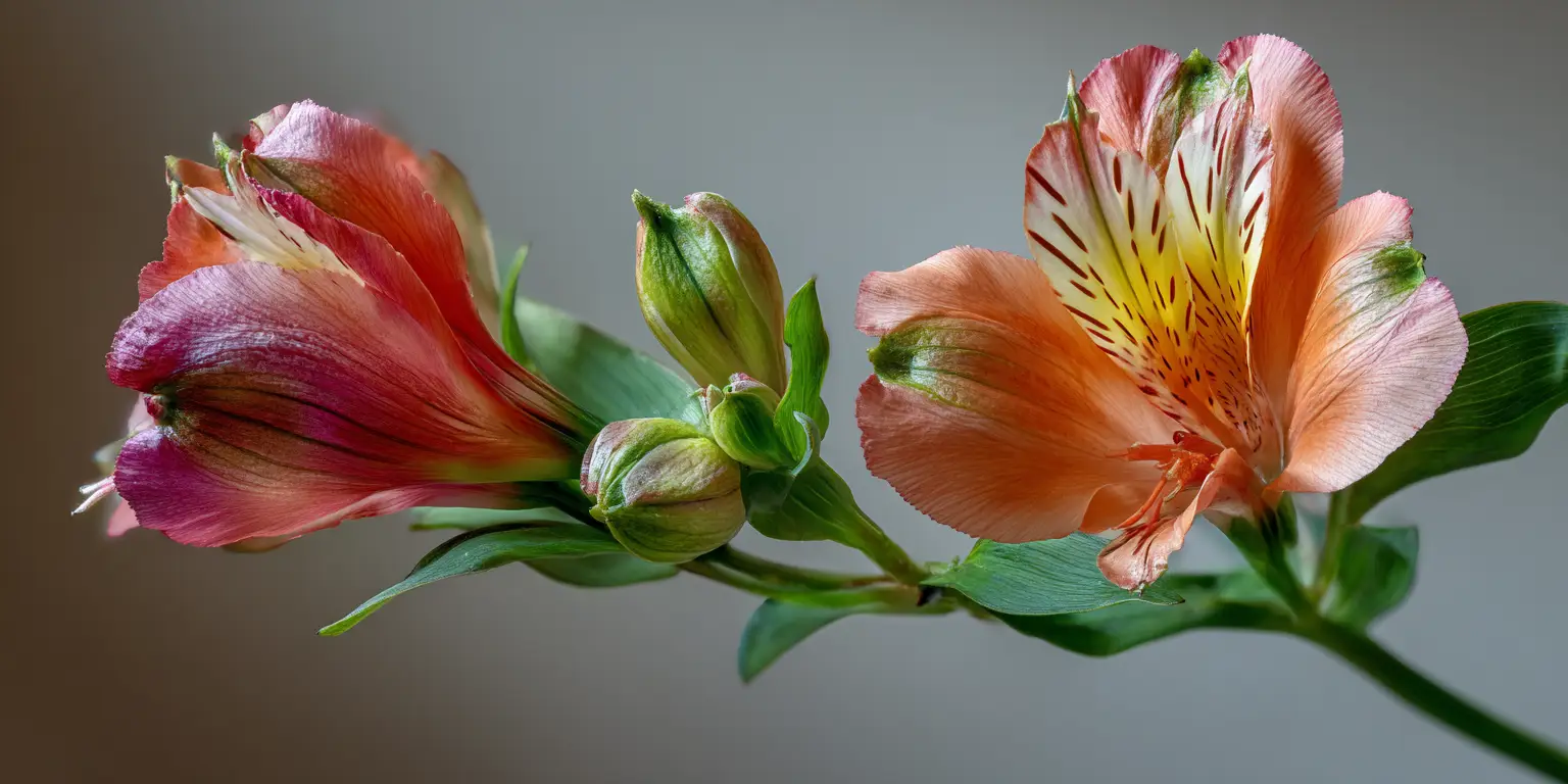 Alstroemeria orange and red blooms, buds, studio macro profile.