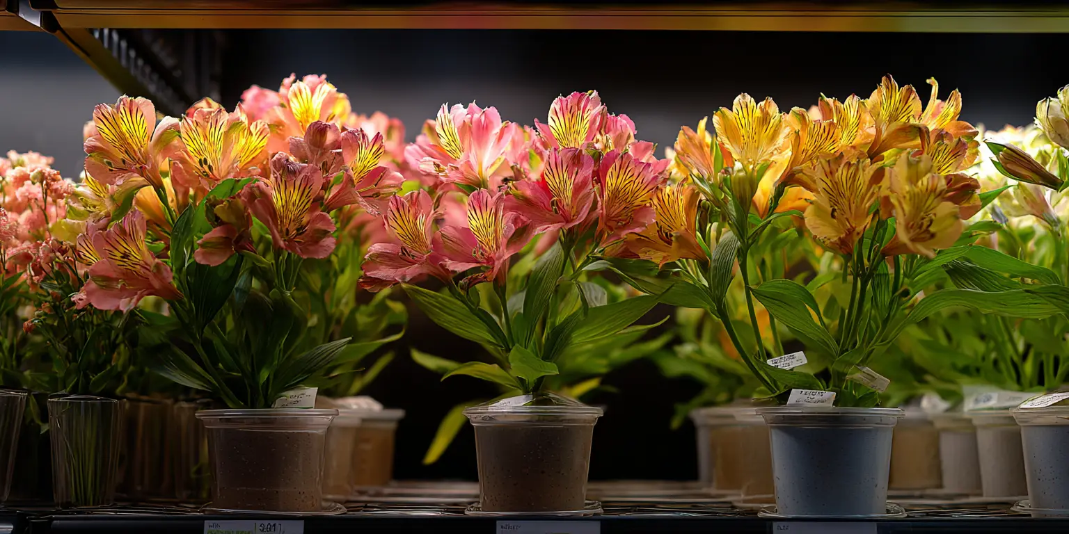 Alstroemeria potted plants on store shelf, fluorescent lighting.