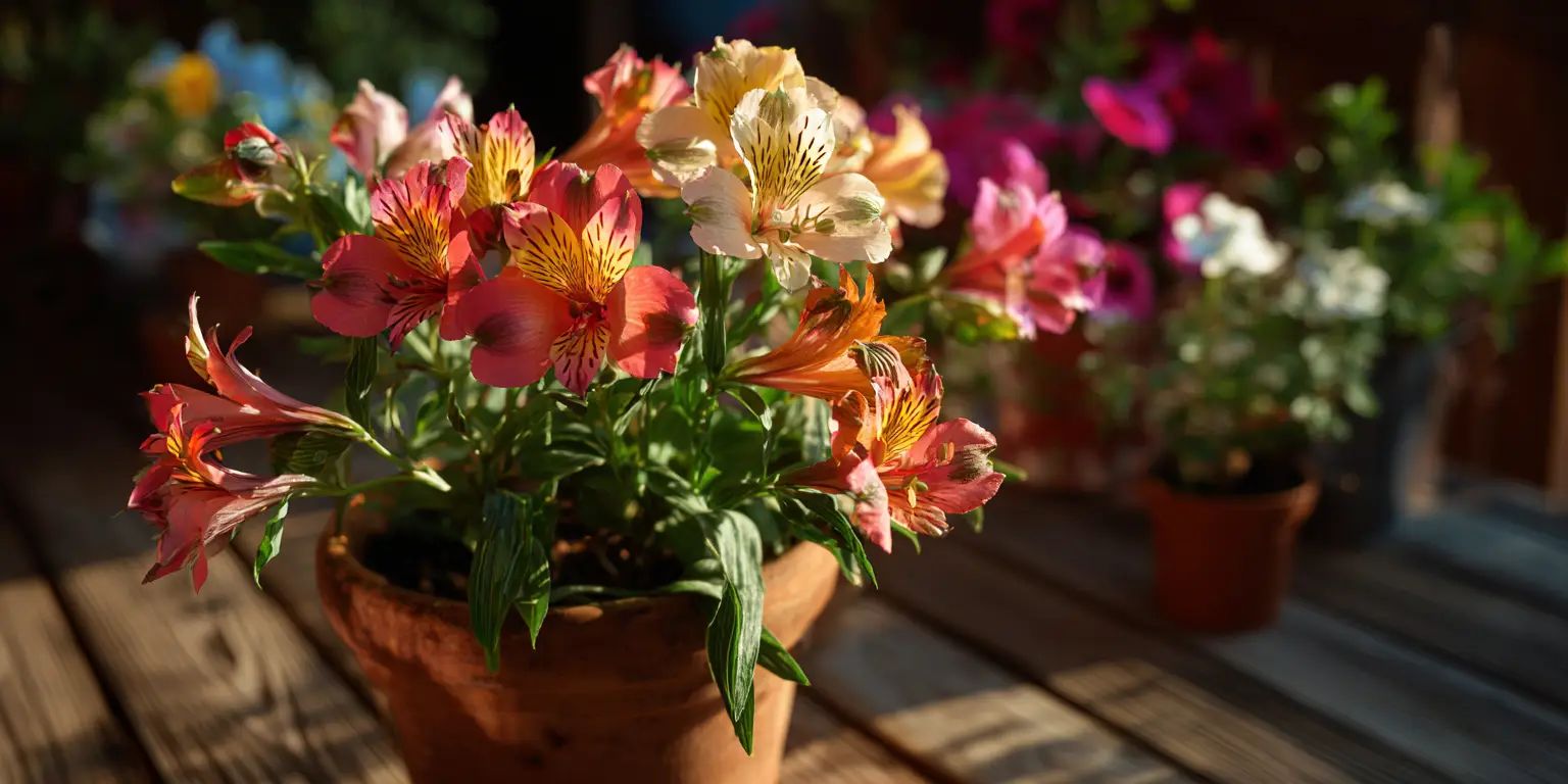 Potted Alstroemeria on patio table, evening sun.