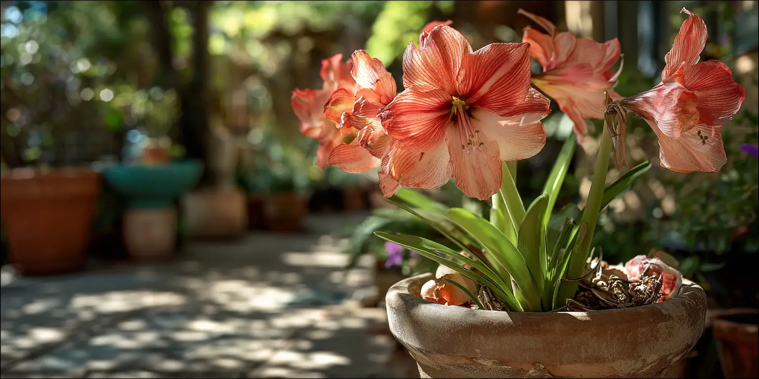Potted amaryllis blooming on patio, terracotta pot, dappled shade.