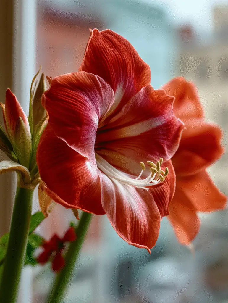 Close-up red and white amaryllis bloom by window.
