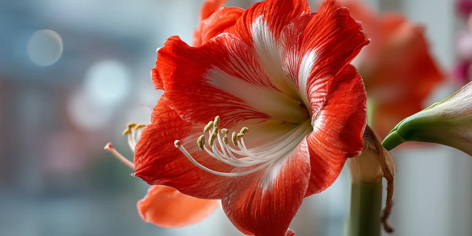 Amaryllis flower macro, red stripes, prominent stamens, indoor light.