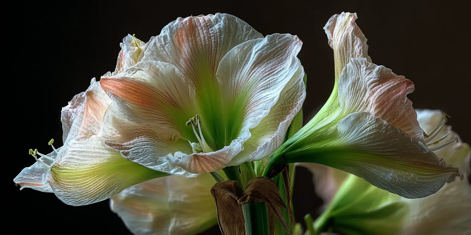 Pale amaryllis flowers backlit, green throats, dark background.