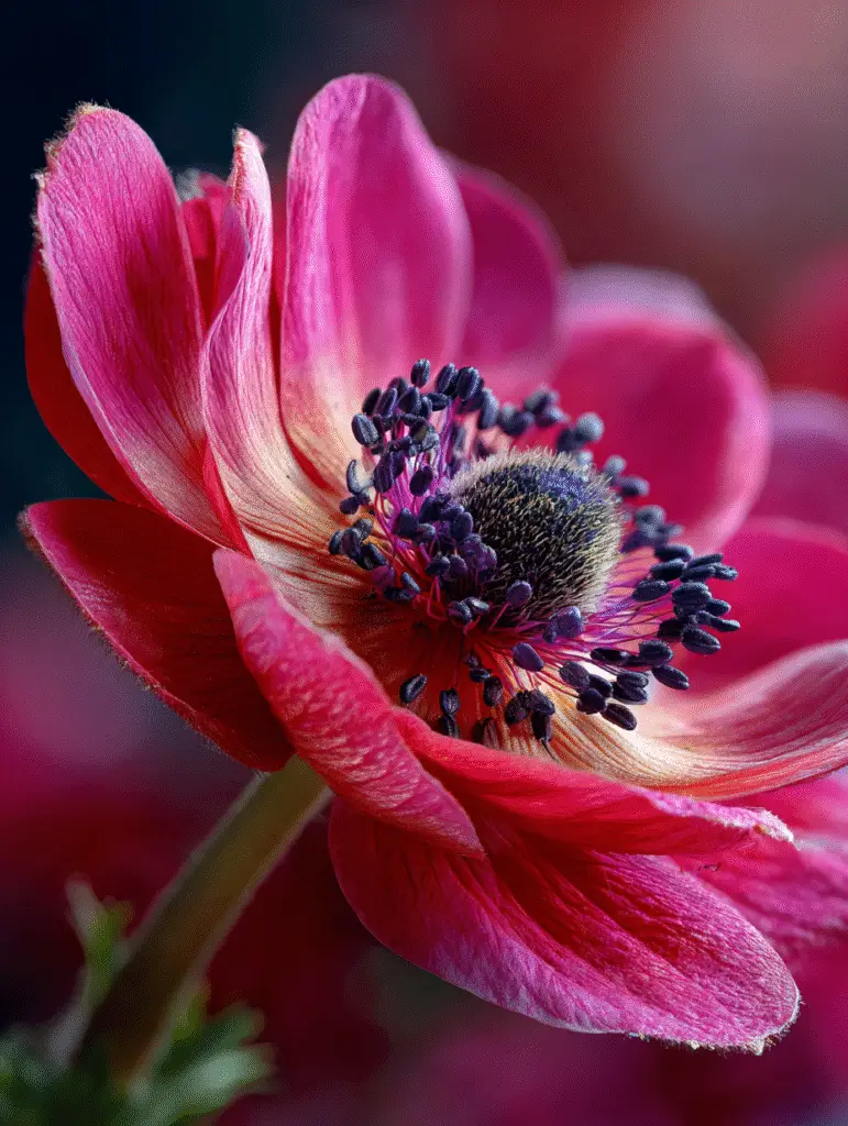 Red anemone macro with dark center and stamens.
