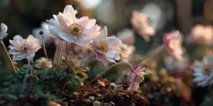 White anemones blooming in woodland, soft morning backlight.