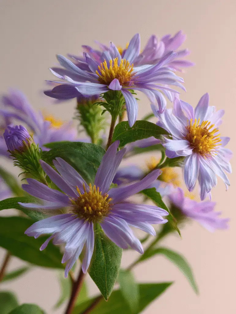 Aster lavender daisies with yellow centers, close-up, soft background.