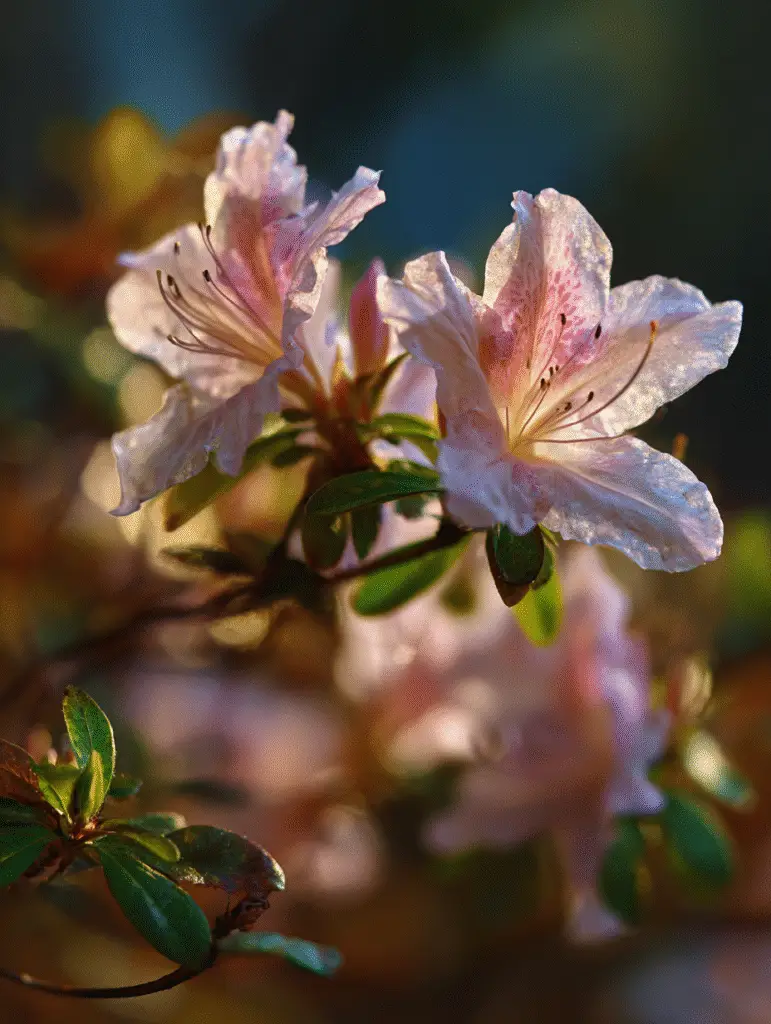 Azalea pale pink blooms with freckles, backlit close-up.