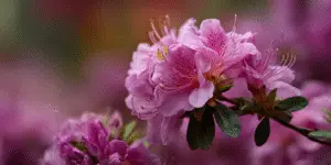 Magenta azalea cluster, detailed stamens, blurred pink background.