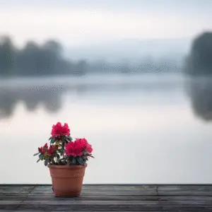Potted flowers by serene lake