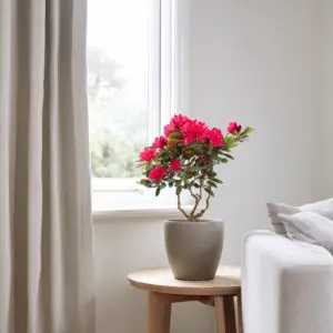 Pink azalea plant by window.