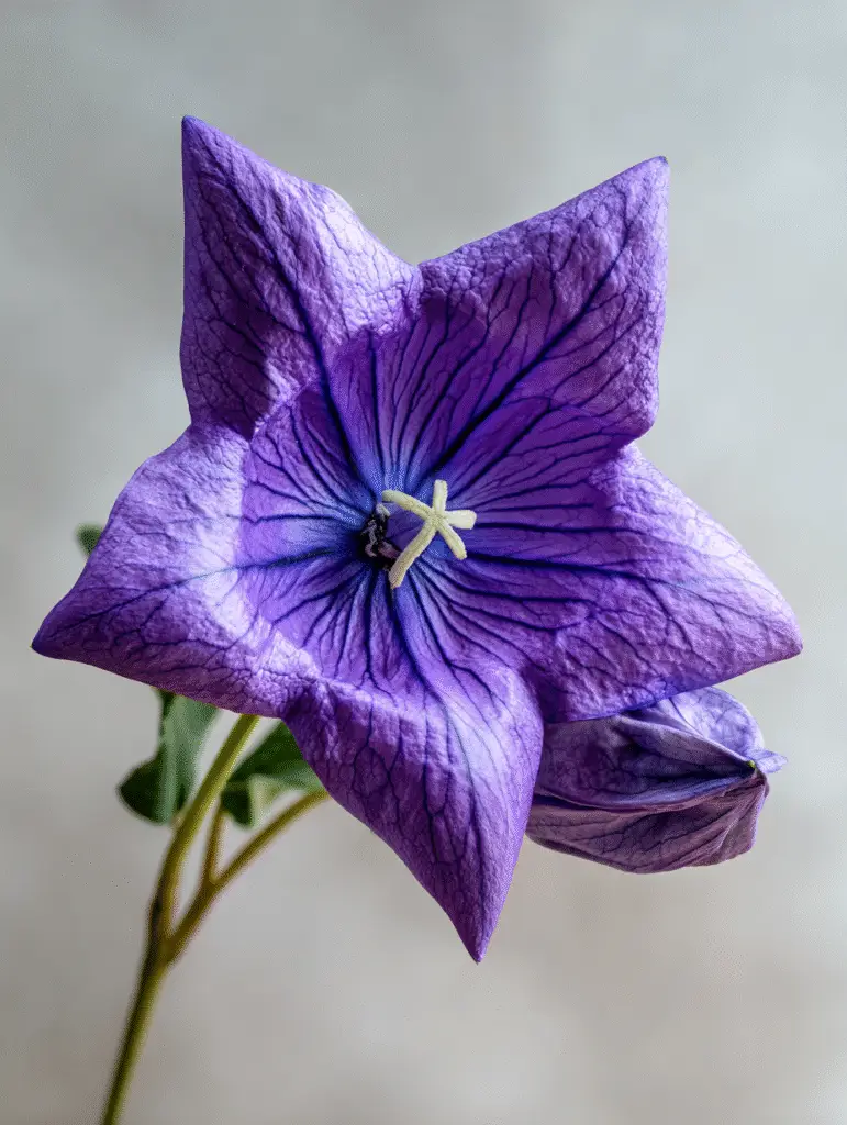 Balloon flower star-shaped purple bloom, textured petals, macro.