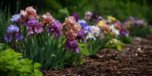 Bearded irises mass planting, mixed colors, mulched border.