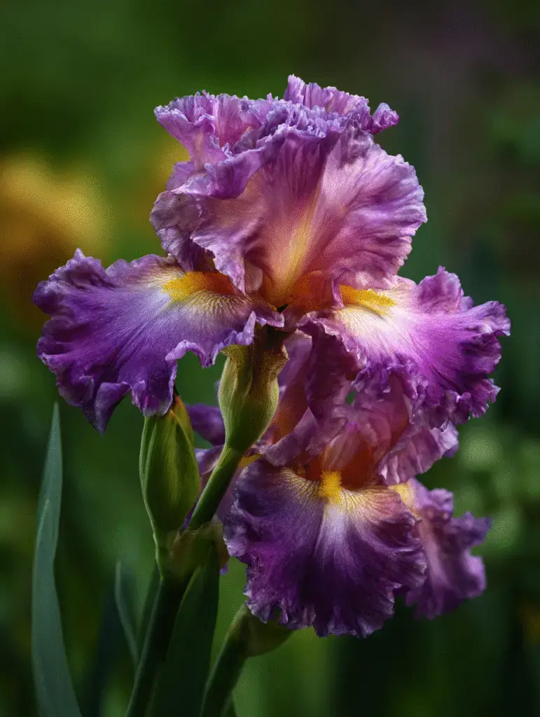 Bearded iris ruffled purple petals with golden beard, close-up.