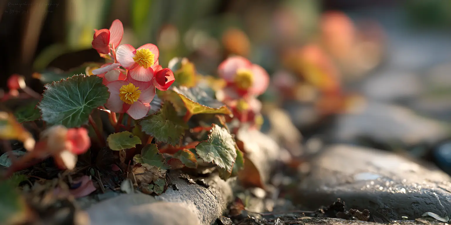 Wax begonias along stone border, low groundcover, sunlight.