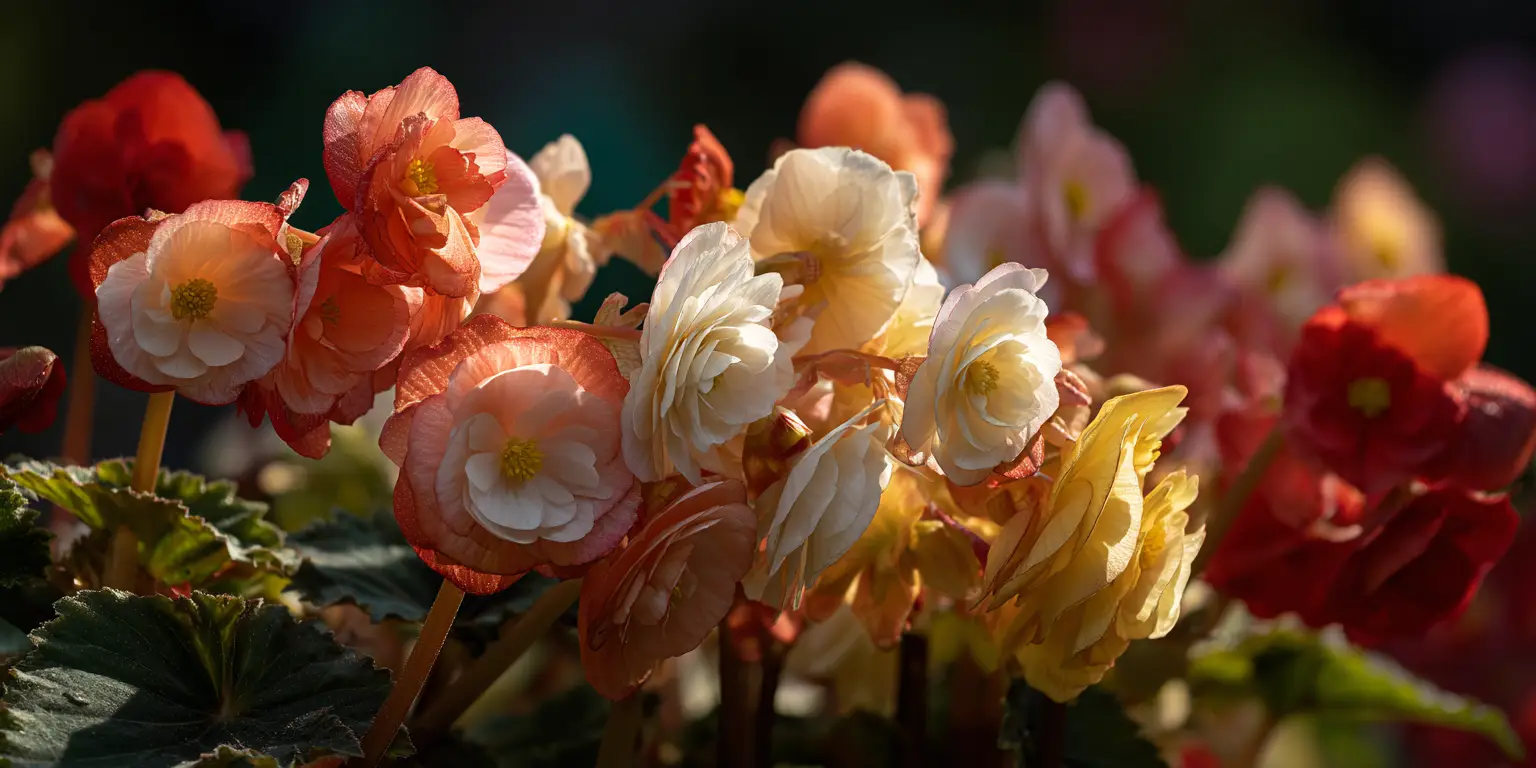 Tuberous begonias, mixed colors in garden bed, evening light.