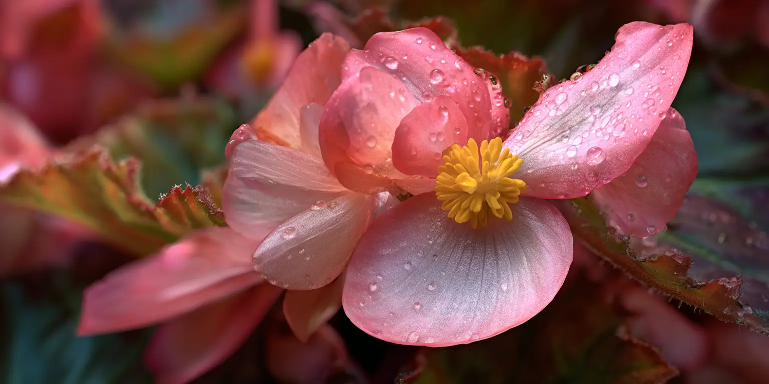 Pink wax begonia with dew drops, yellow center, macro.