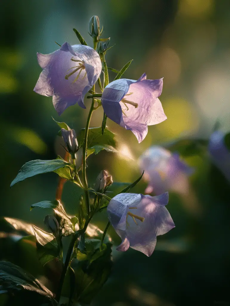 Bellflower lavender bells backlit at sunrise, garden close-up.