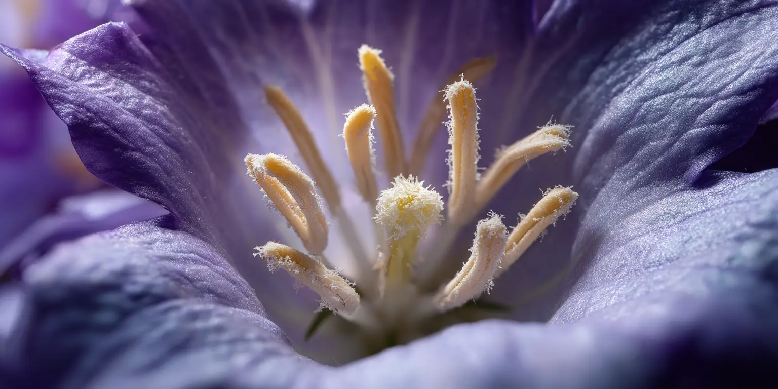 Bellflower stamens macro, pollen-covered anthers, purple throat.