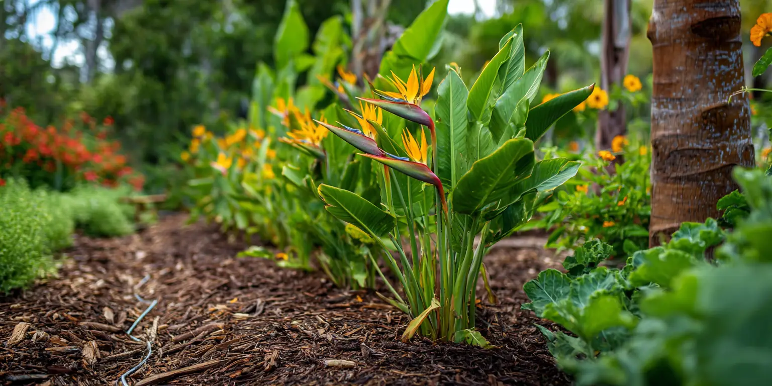 Bird of Paradise row in mulched bed, tropical garden.