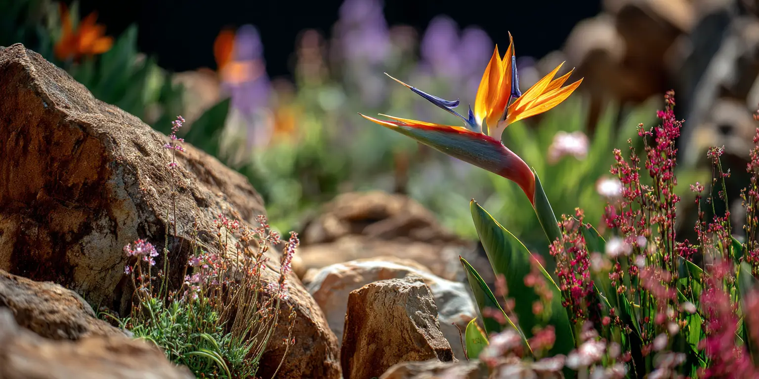 Bird of Paradise in rock garden, vibrant bloom foreground.