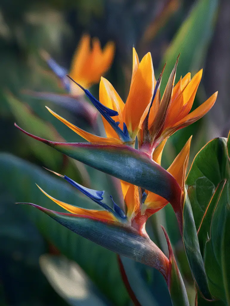 Bird of Paradise close-up, orange bracts, blue petals.