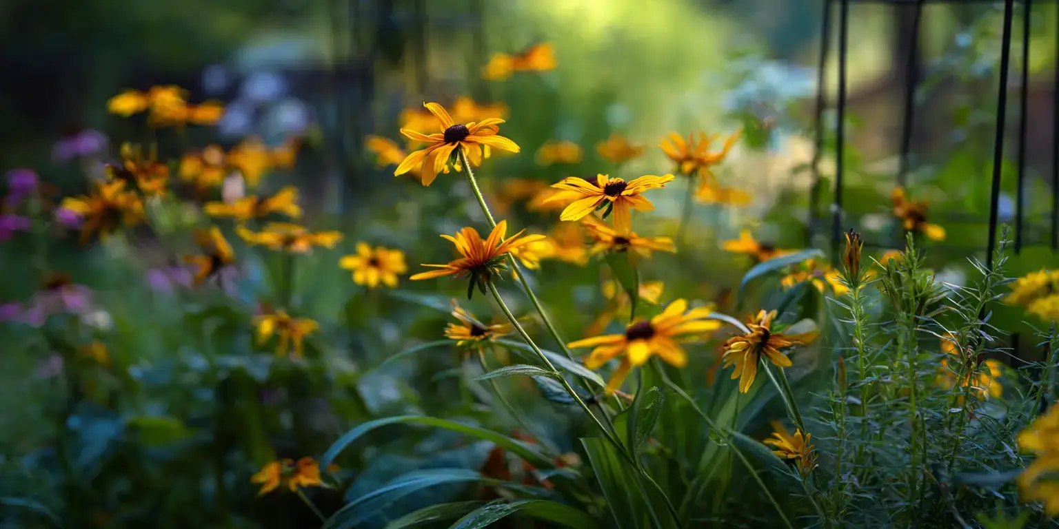 Golden black-eyed Susan flowers with dark brown centers blooming in a green garden border