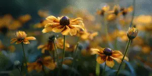 Black-eyed Susan flowers with golden petals and dark brown center cones in a sunlit meadow