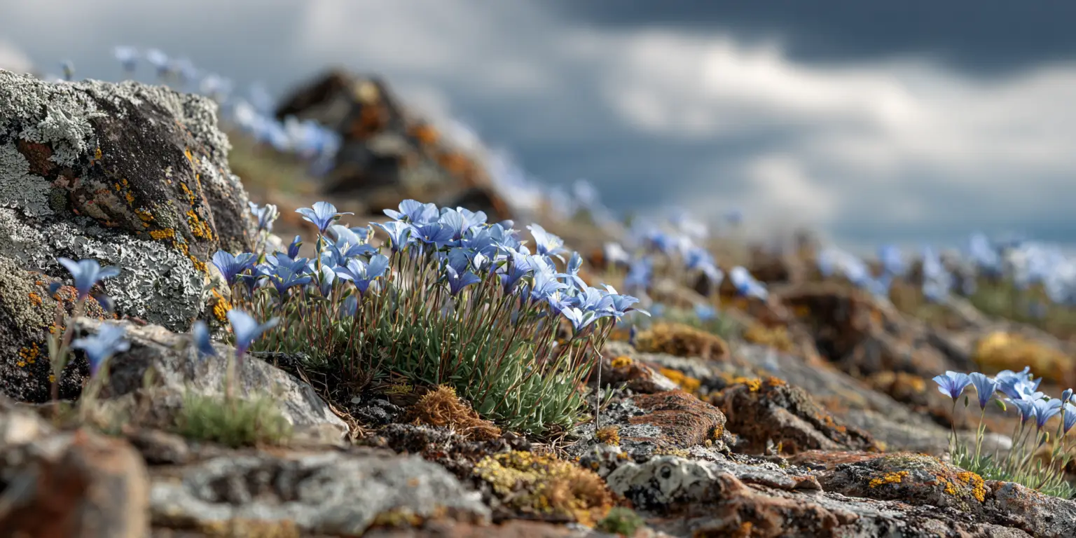 Alpine blue flax on rocky slope, stormy sky.