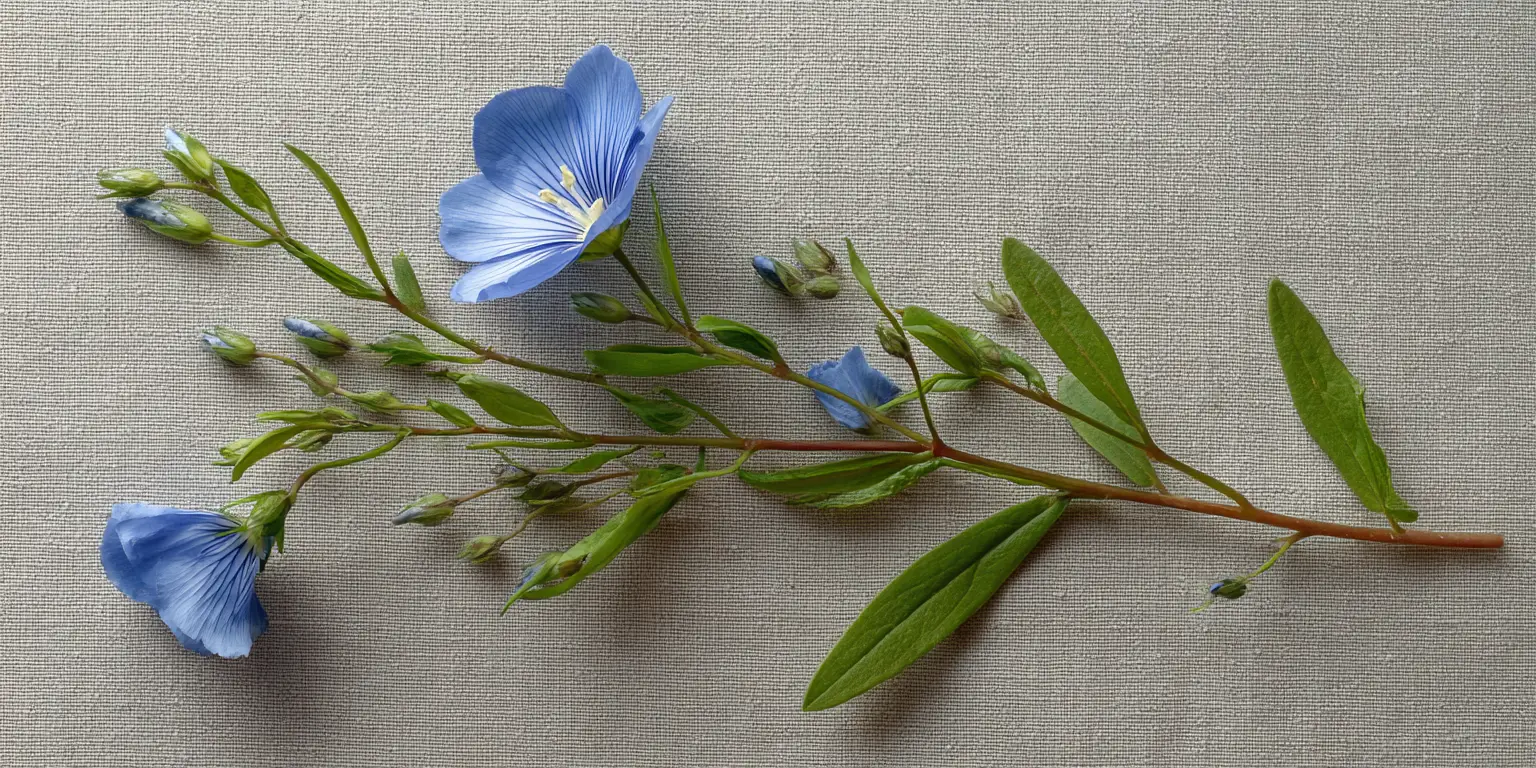 Blue flax sprig with buds and leaves on fabric.
