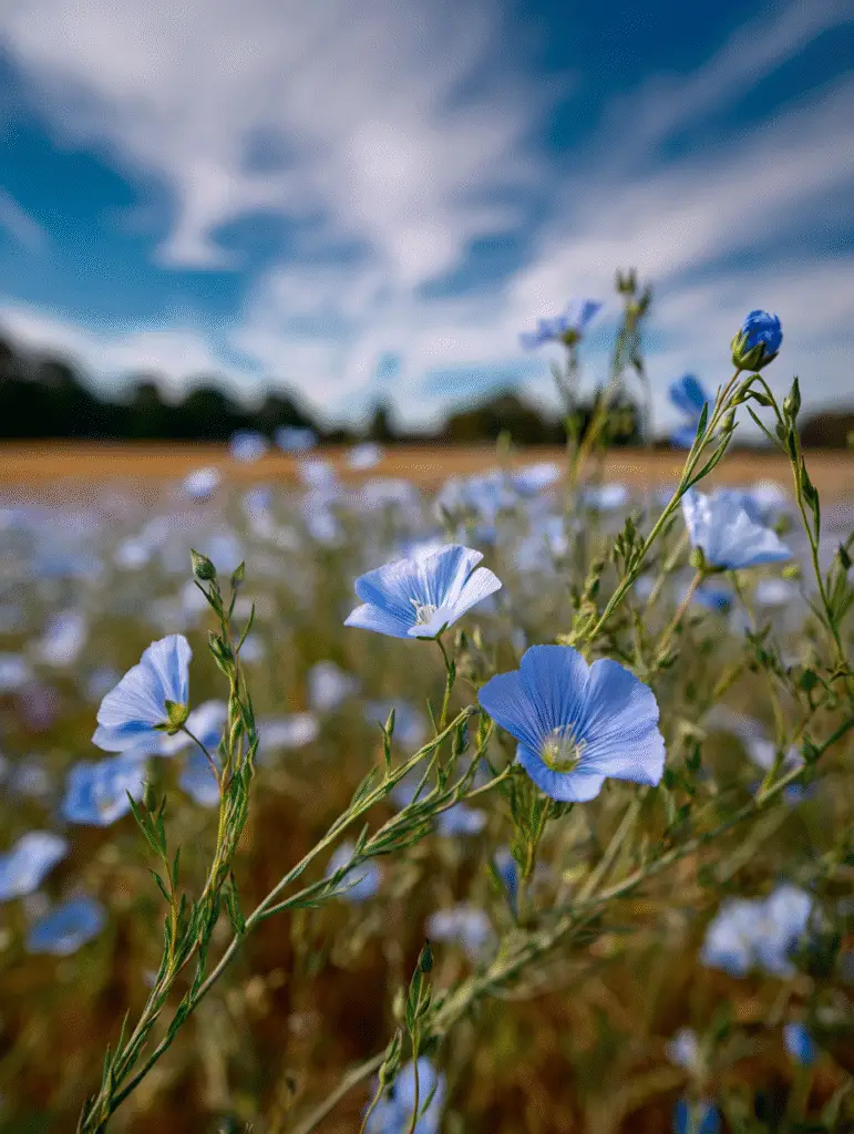 Blue flax flowers in field under streaked sky.