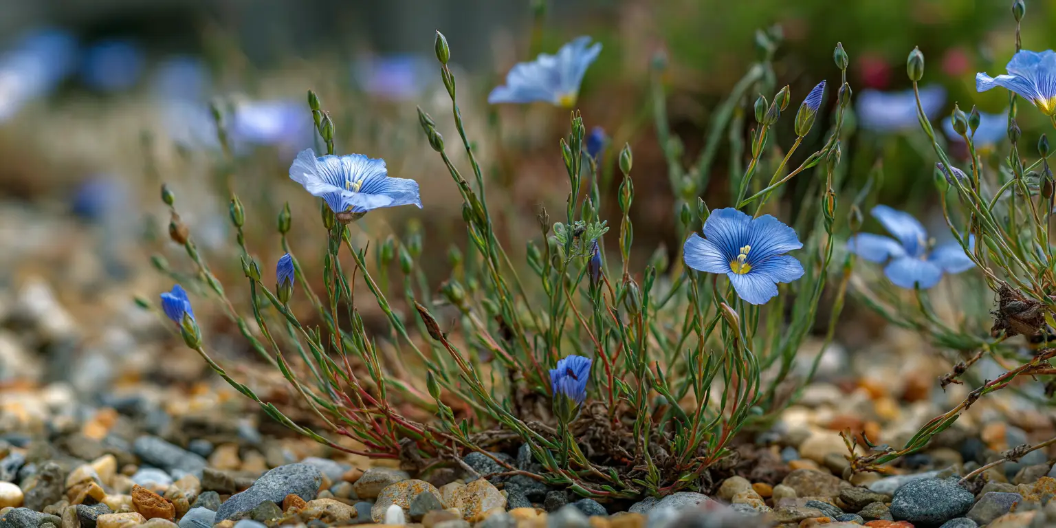 Blue flax blooming in gravel garden, low clumps.