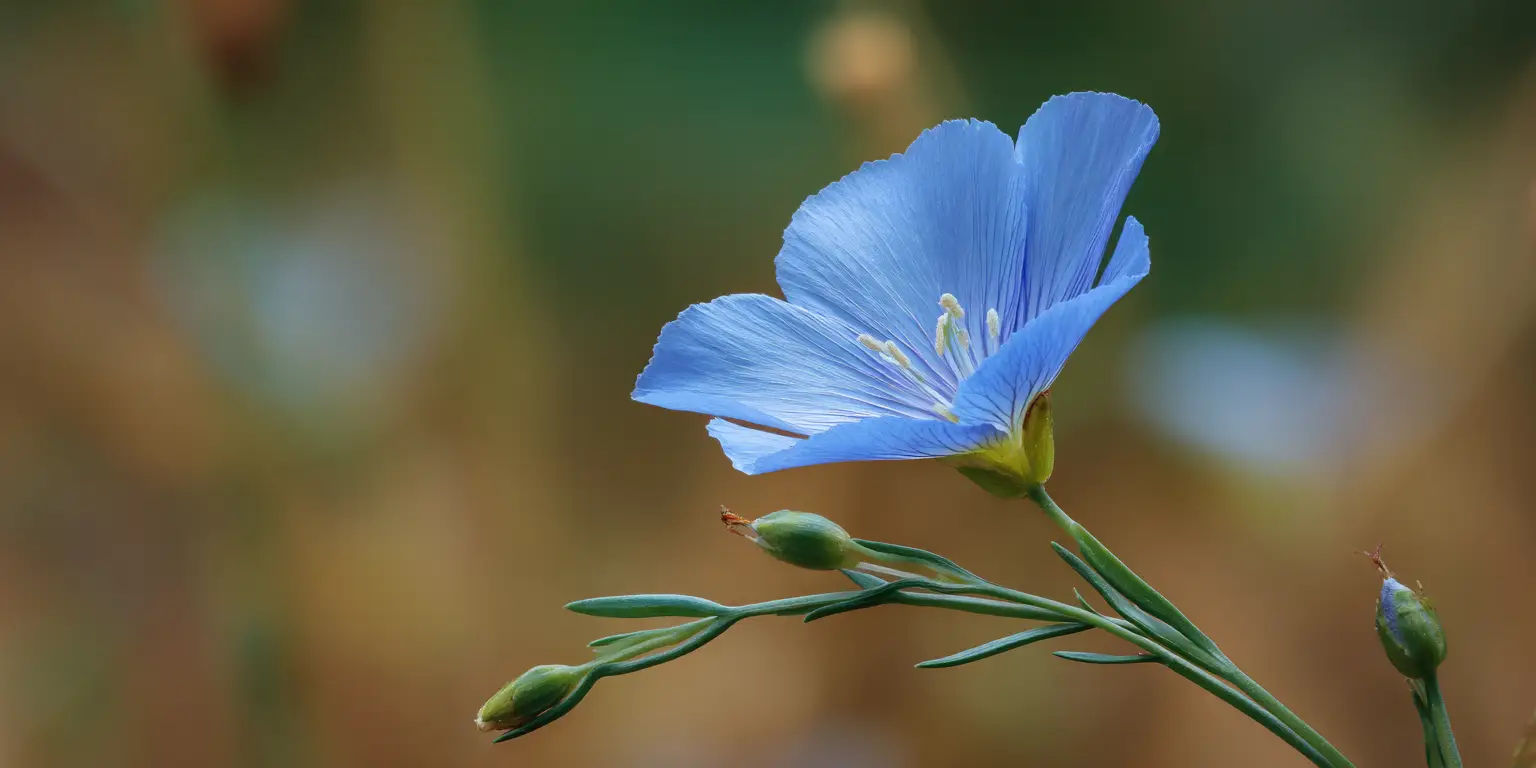Single blue flax bloom with buds, side profile.