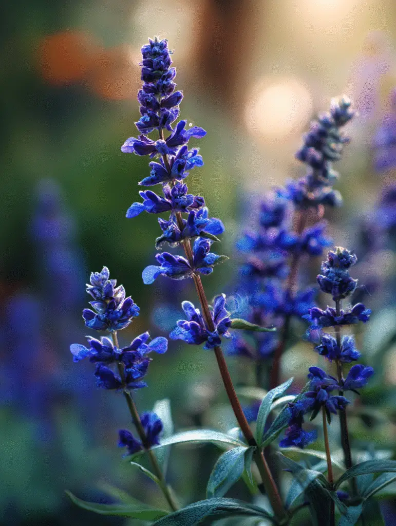 Blue salvia flower spikes, backlit, garden close-up.