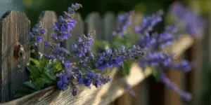 Blue salvia stems draping over rustic wooden fence.