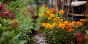 Butterfly weed along garden path, wire fence backdrop.