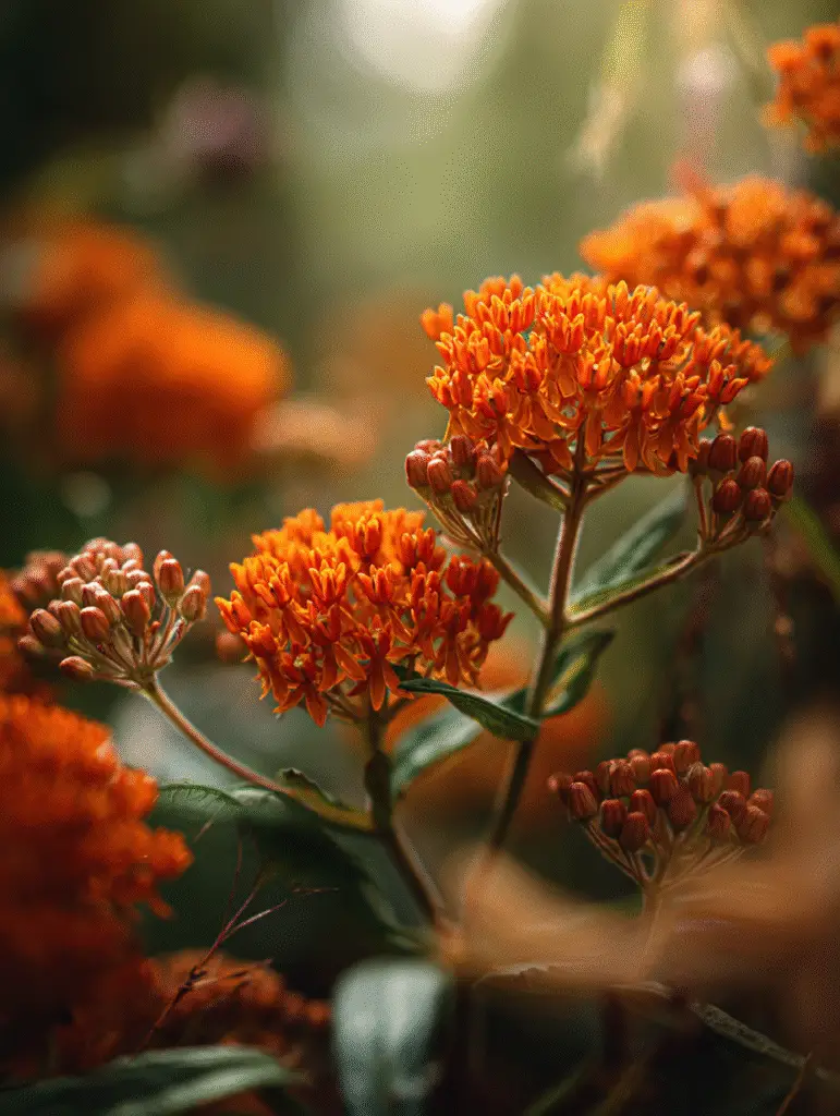 Butterfly weed orange clusters with buds, soft backlight.