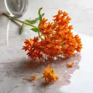 Vibrant orange flowers on marble surface.