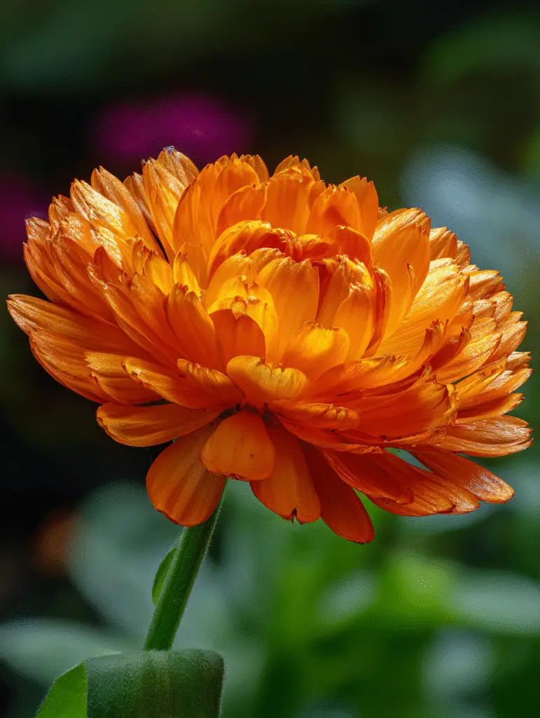 Calendula bright orange double bloom, garden close-up.