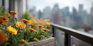 Calendulas blooming in balcony planter, city skyline background.
