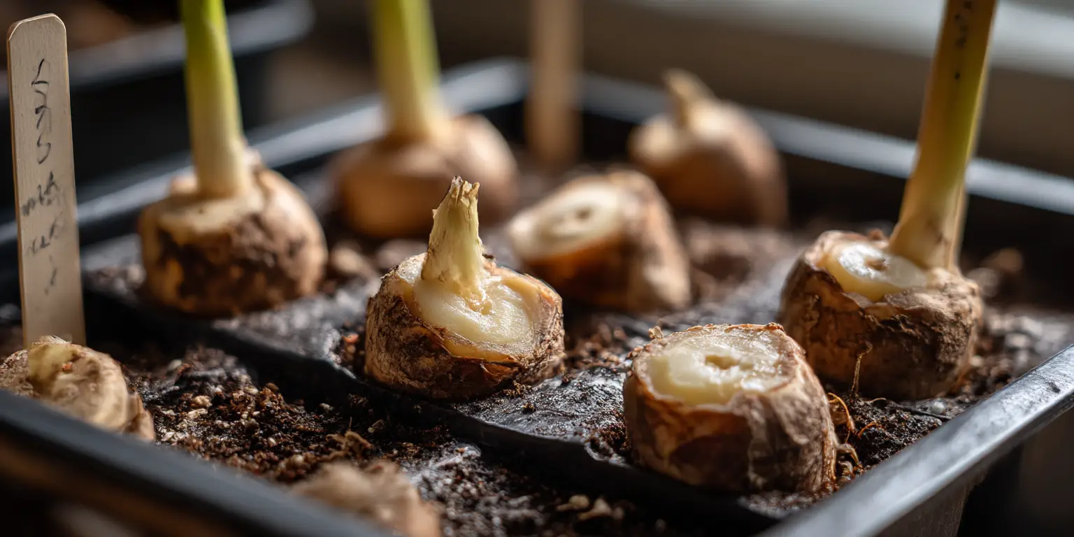 Calla lily rhizomes sprouting in seed tray, indoor start.