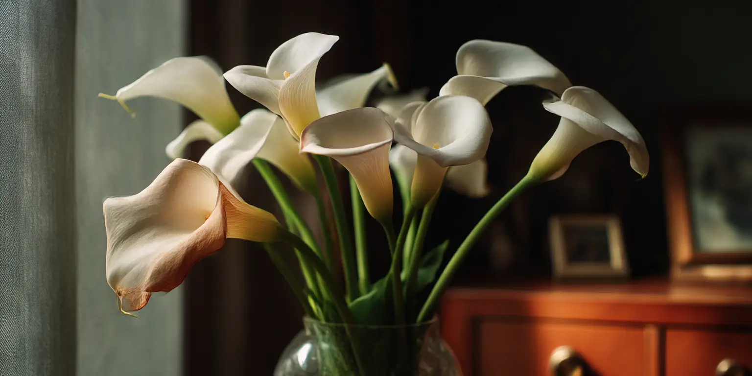 Calla lily bouquet in vase by window, soft light.