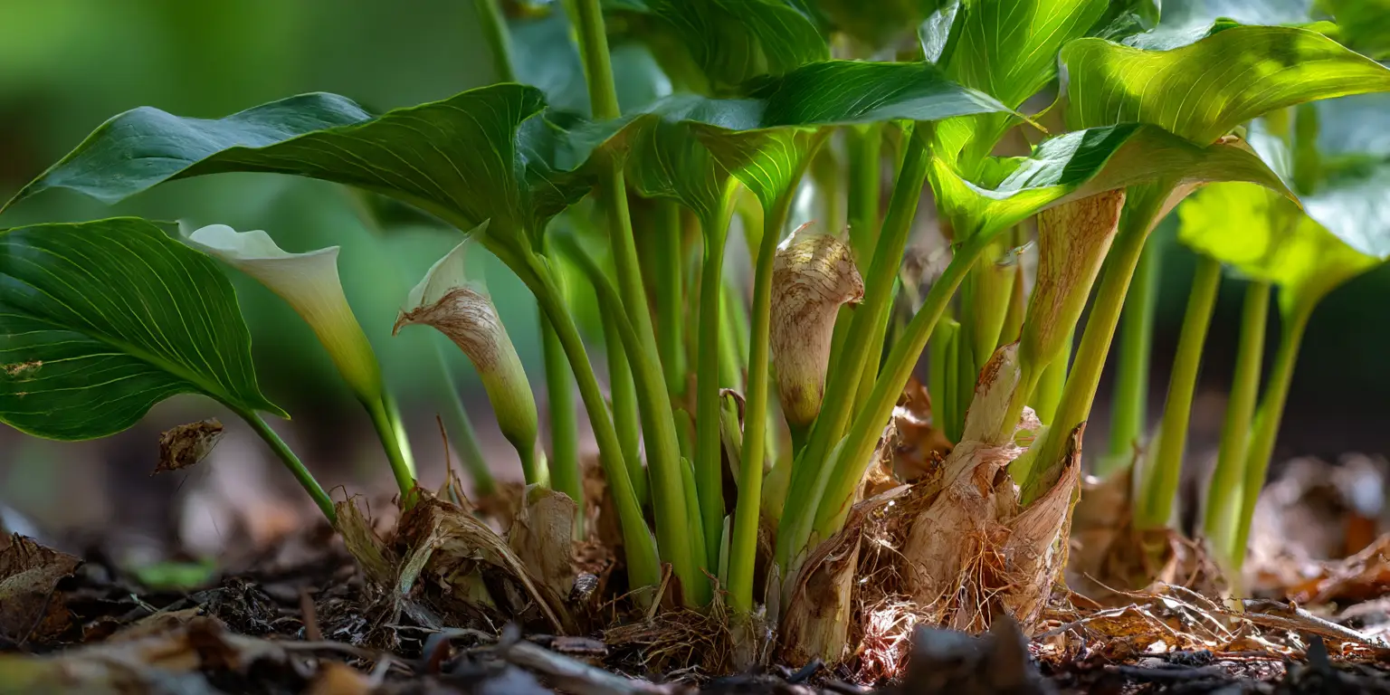 Calla lily crowns and stems emerging from rhizomes, close-up.