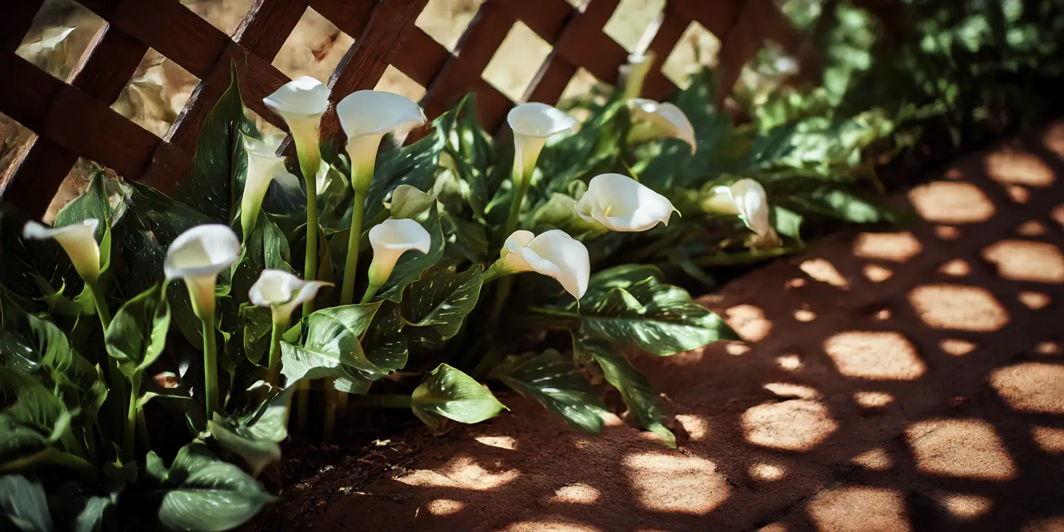 Calla lilies along lattice fence, dappled shade garden bed.