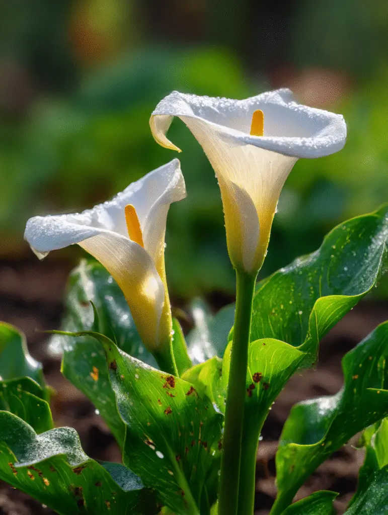 Calla lily pair with dewdrops, white spathes, morning light.