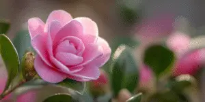 Camellia pastel pink rosette bloom, bokeh garden scene.