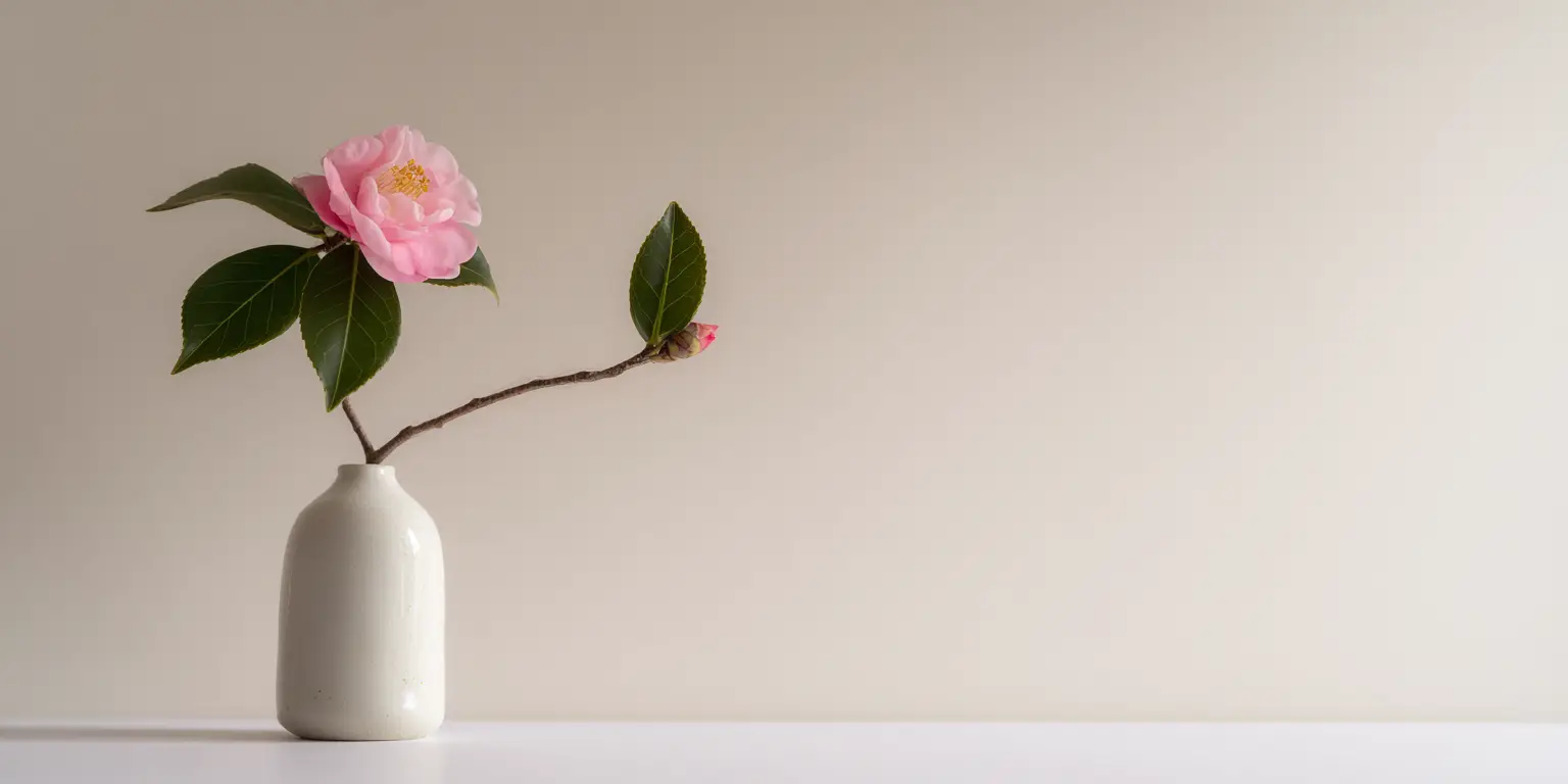 Minimal camellia stem in ceramic vase, bud and leaves.