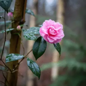 Pink camellia flower with raindrops